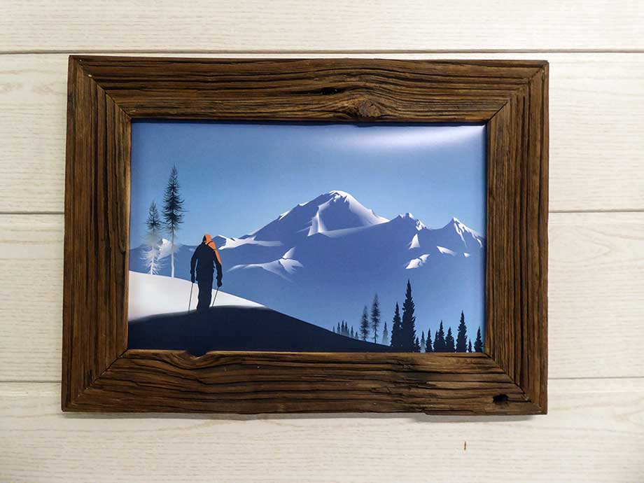 Grand choix d'images décoration style montagne encadrement en vieux bois impression possible à l'unité avec Thym Montagn'Art. Cadre vieux bois.