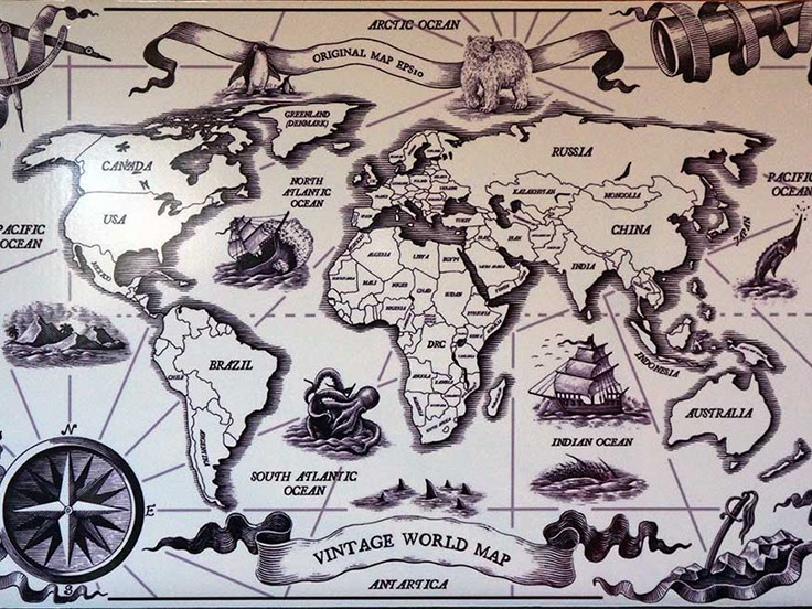 Poster map monde planisphère vintage world map grand format, déco voyageur. impression numérique pour décoration intérieur