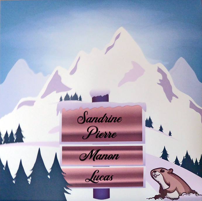 exemple de poster personnalise style montagne humour, famille, neige, marmotte, sapin, hiver, station ski, Thônes Haute Savoie Arvimedia