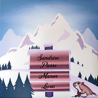 exemple de poster personnalise style montagne humour, famille, neige, marmotte, sapin, hiver, station ski, Thônes Haute Savoie Arvimedia